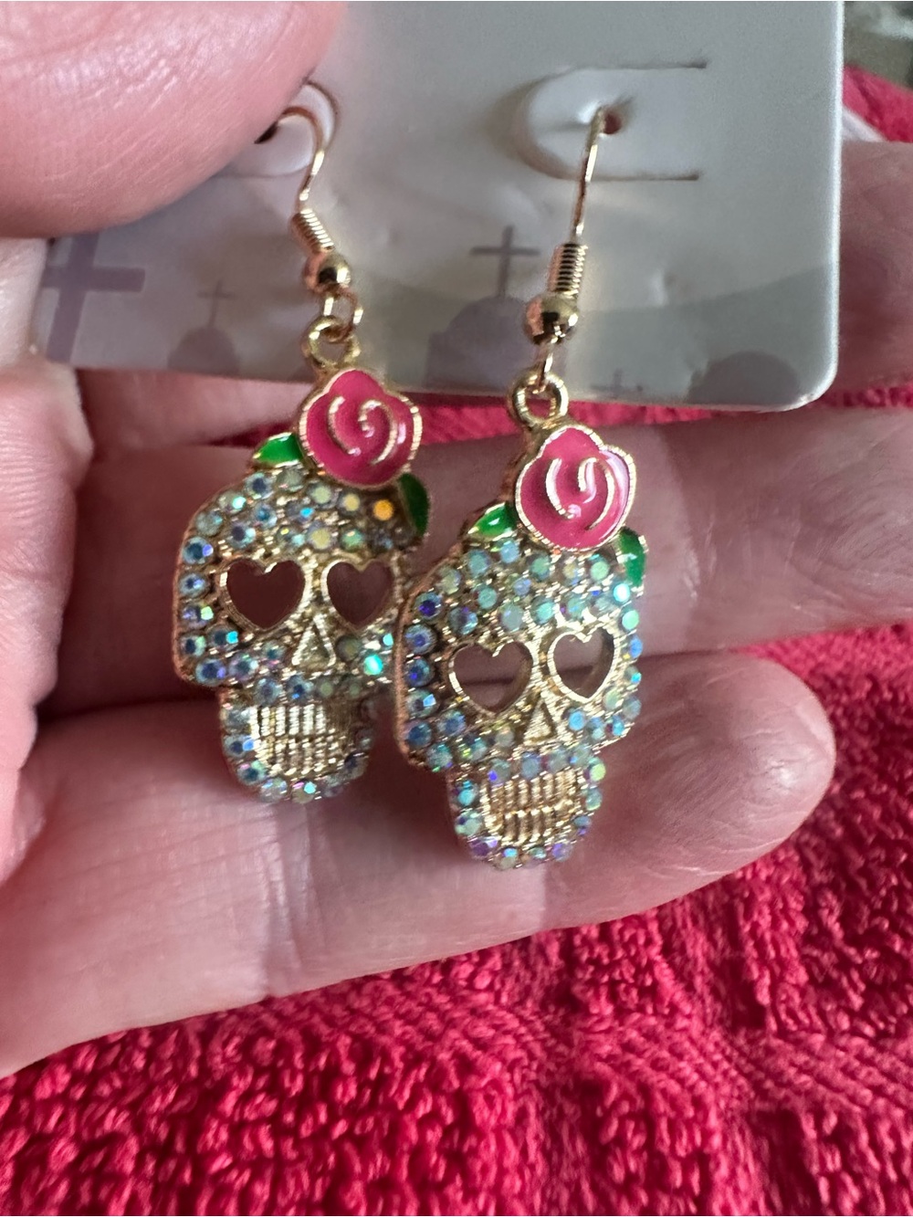 Gold-Tone Crystal Sugar Skull Earrings with Pink Rose Accent